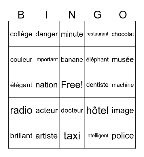 French Cognates Bingo Card