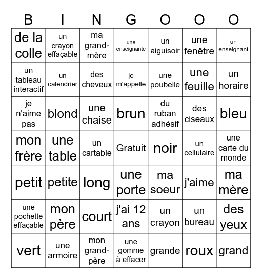 Mots École Bingo Card