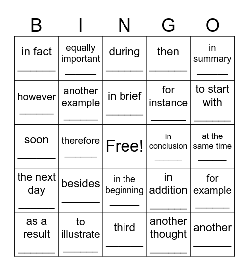 Transition Words and Phrases Bingo Card