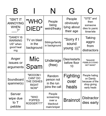 Dandy World VC Run Bingo Card