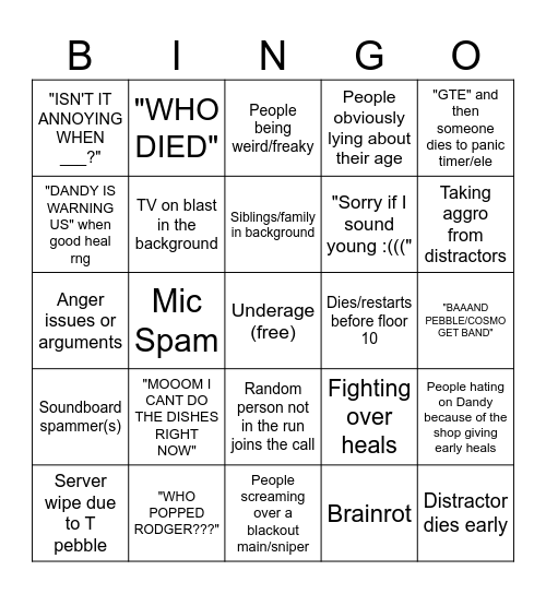 Dandy World VC Run Bingo Card