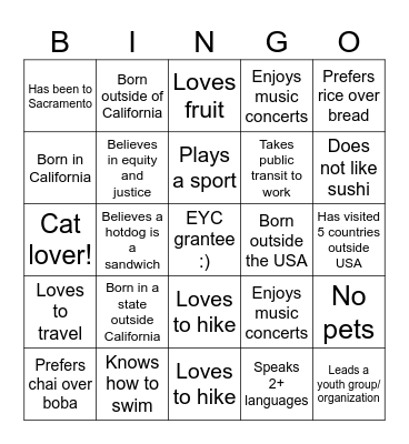 EYC Bingo! Bingo Card
