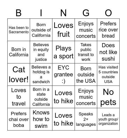 EYC Bingo! Bingo Card