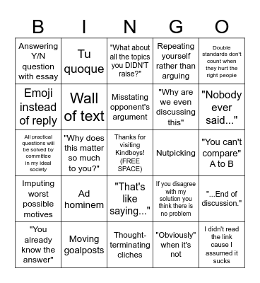 Kindboys Argument Bingo Card