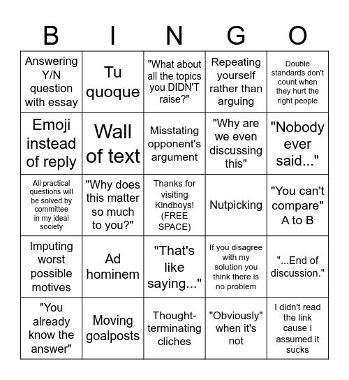 Kindboys Argument Bingo Card