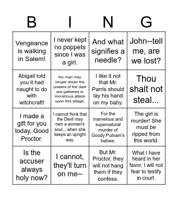 The Crucible Act 2 Bingo Card