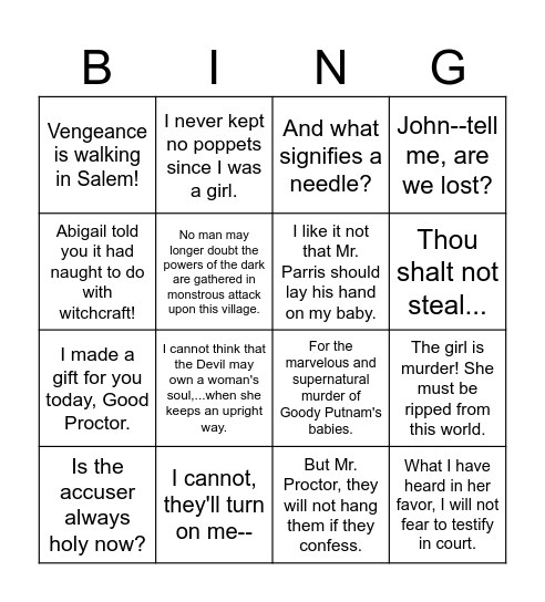 The Crucible Act 2 Bingo Card