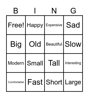 Comparative Adjectives Bingo Card