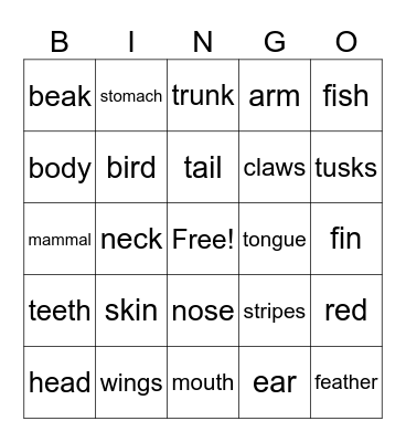 Animal Body Parts Bingo Card