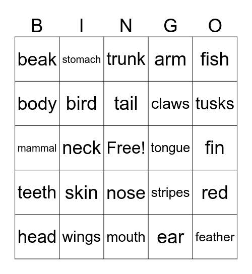 Animal Body Parts Bingo Card