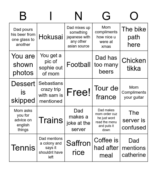 dinner Bingo Card