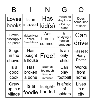 Get To Know Each Other Bingo Card
