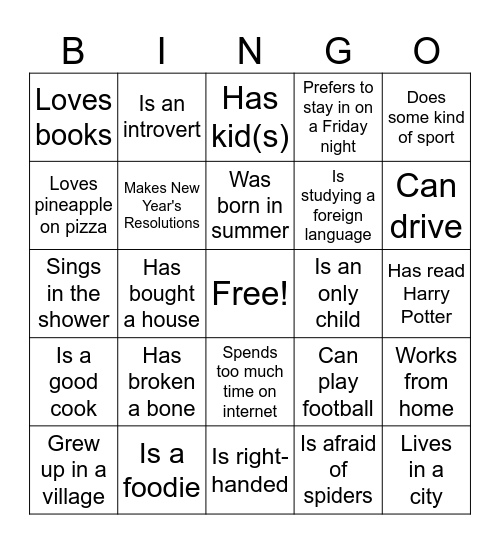Get To Know Each Other Bingo Card