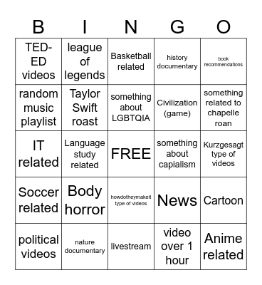 MINH'S YOUTUBE BINGO Card