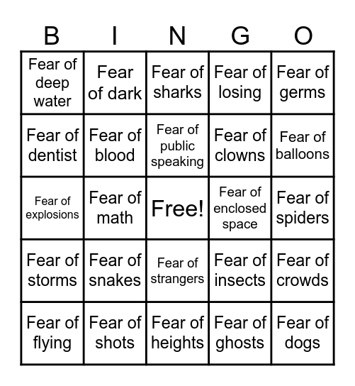 Phobia Bingo Card