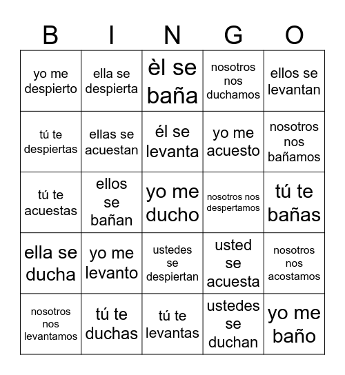 Reflexive Verb Bingo Card