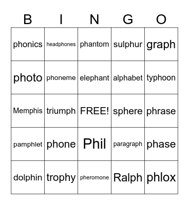 PH words Bingo Card