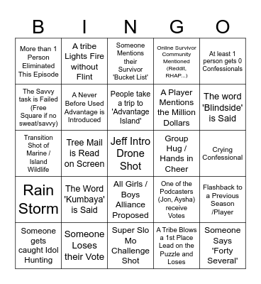 Survivor 47 Episode 1 Bingo Card