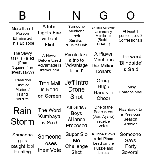 Survivor 47 Episode 1 Bingo Card