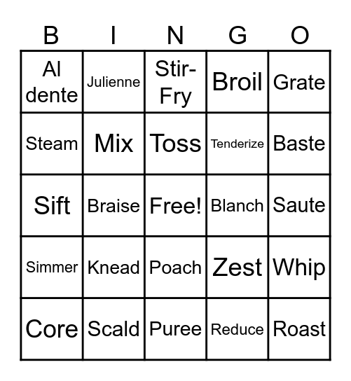 Cooking Lingo Bingo Card