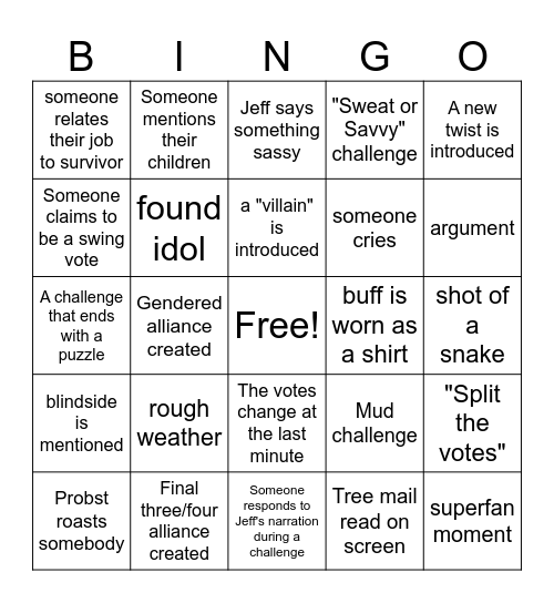 Survivor Bingo Card