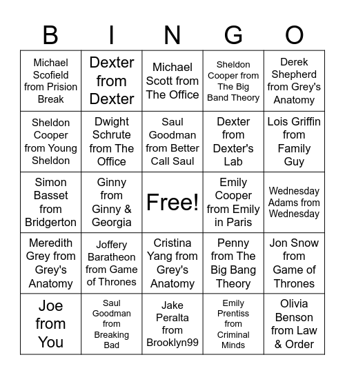 Characters Bingo Card