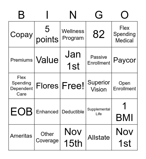 Open Enrollment Bingo Card