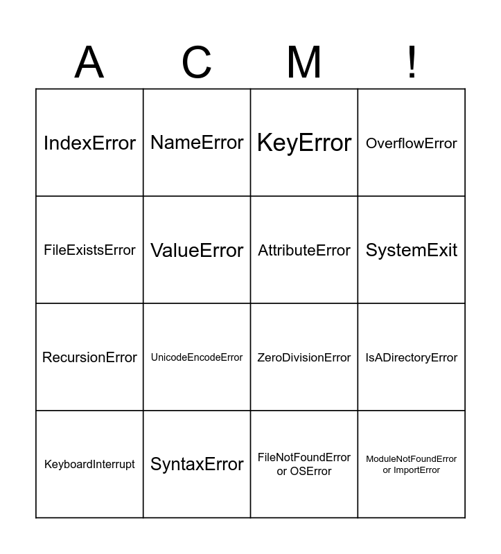 ACM Error Bingo Card