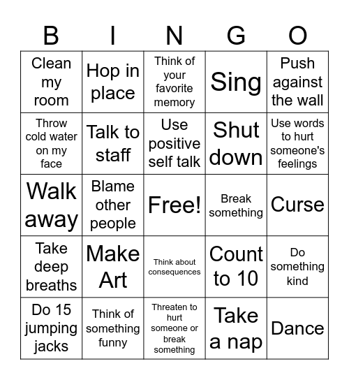 Coping Skills Bingo Card