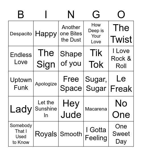 Music Top 100 Bingo Card