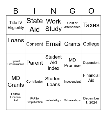 Financial Aid Information Night Bingo Card