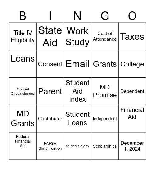 Financial Aid Information Night Bingo Card