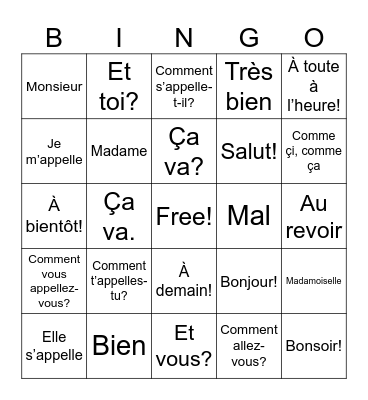 French Greeting Words Bingo Card