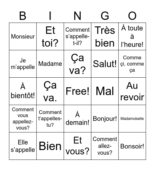 French Greeting Words Bingo Card