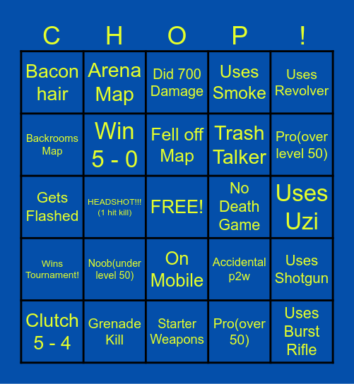 CHOP'S TOURNAMENT BINGO!! Bingo Card