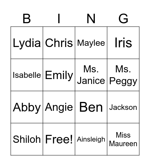 BSF Class "Bing" Bingo Card