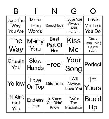 Love Songs Bingo Card