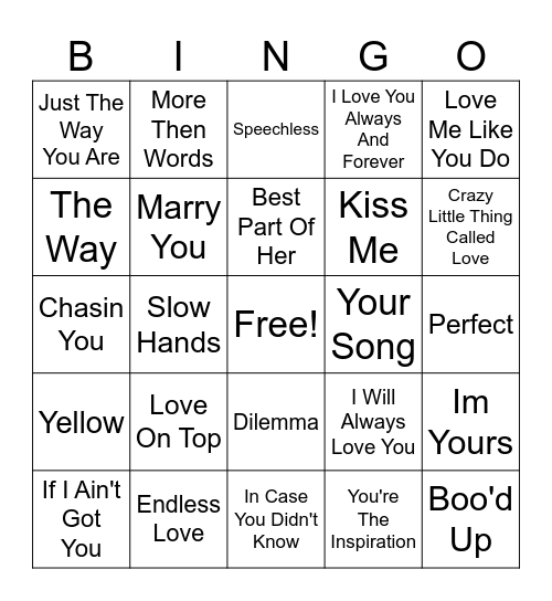 Love Songs Bingo Card