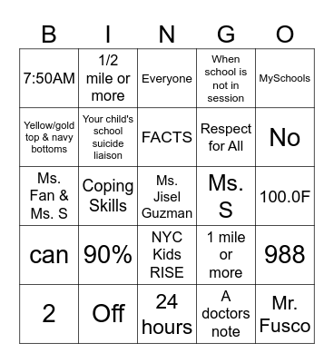 Stay Well with PS 62 Bingo Card