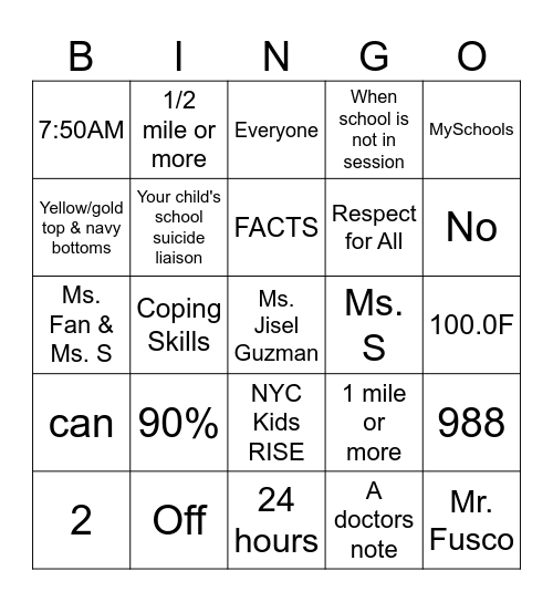 Stay Well with PS 62 Bingo Card