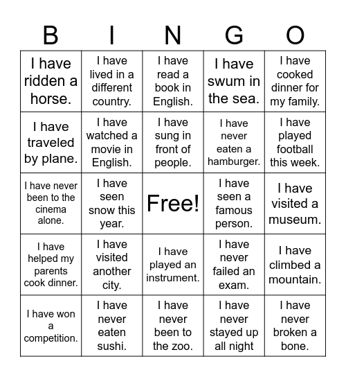 Have You Ever? Bingo Card