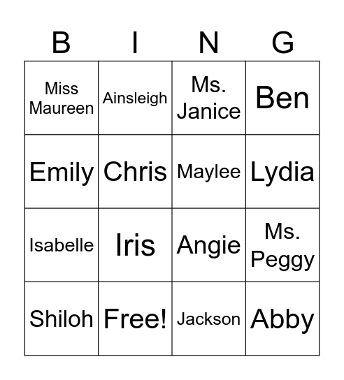 BSF Class "Bing" Bingo Card