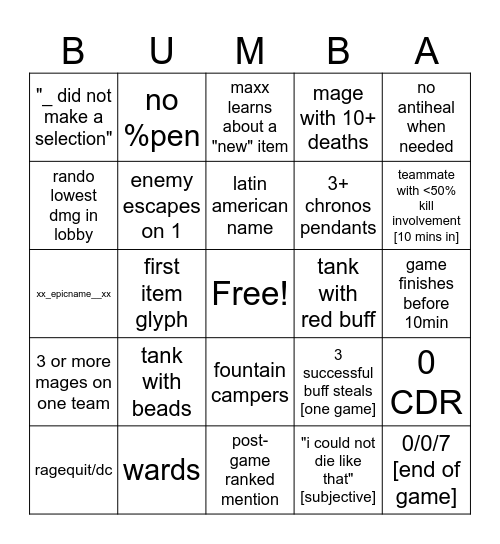 SMITE NITE Bingo Card
