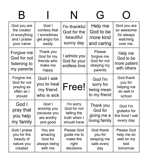 Prayer Bingo Card