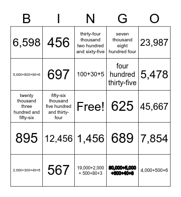 Place Value Bingo Card