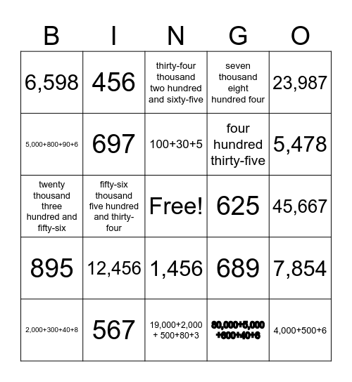 Place Value Bingo Card