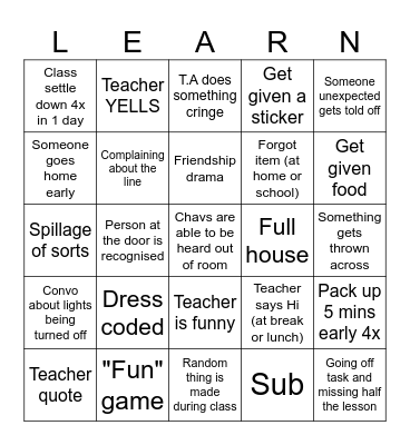 School Bingo Card