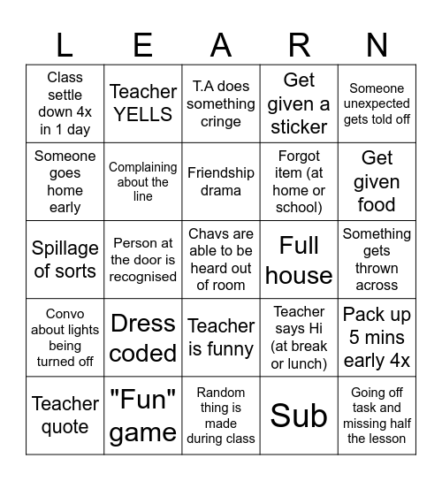 School Bingo Card