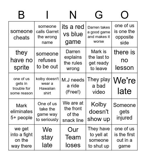 Youth Group Bingo Card