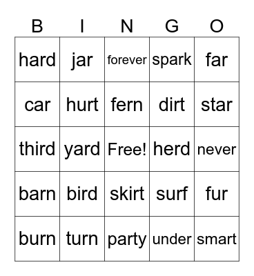R-Controlled Vowels Bingo Card